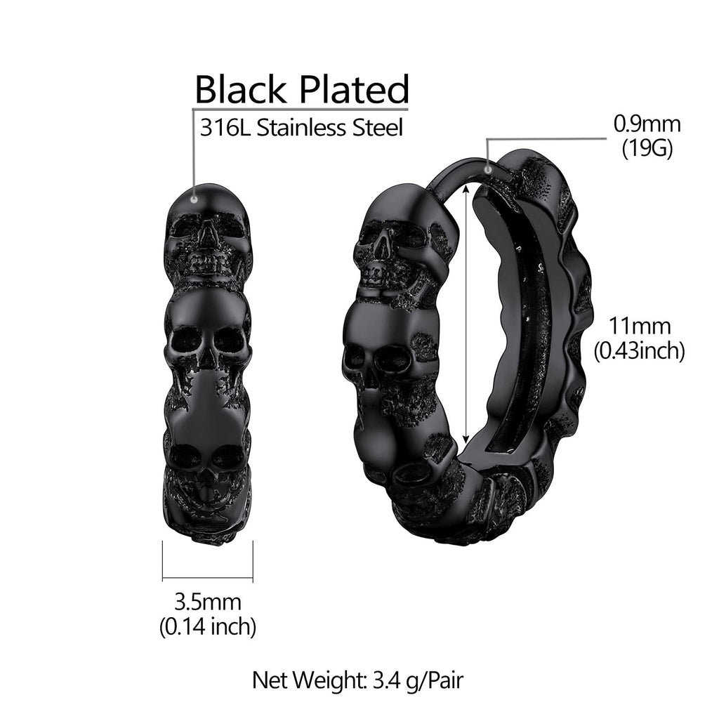 Punk Skull Earrings Black Hoop Huggie Earring for Men Gothic Halloween Jewelry