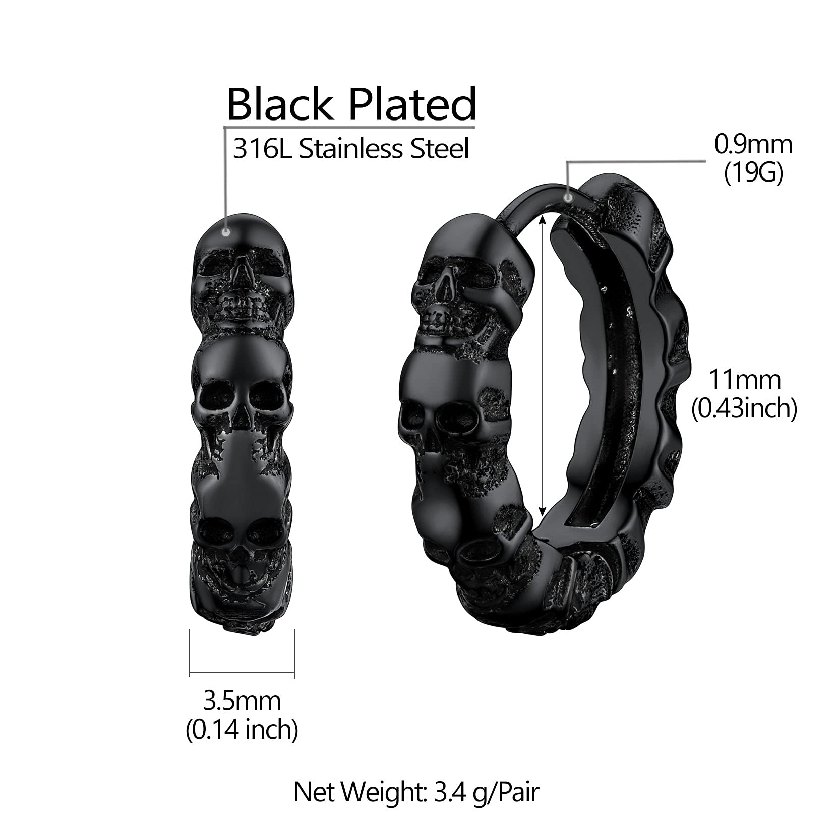Punk Skull Earrings Black Hoop Huggie Earring for Men Gothic Halloween Jewelry