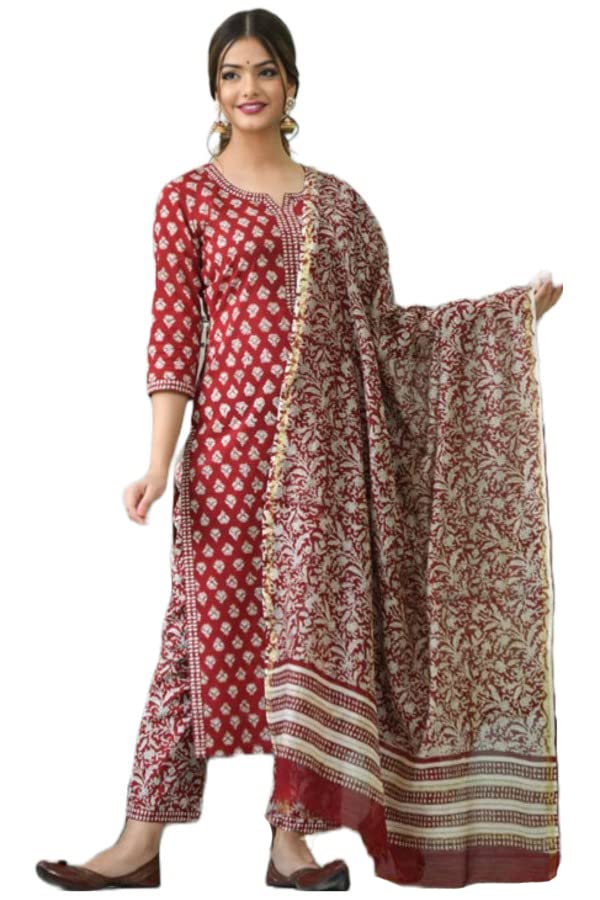 ANNI DESIGNER Women's Cotton Blend Floral Printed Straight Kurta with Pants & Dupatta (Tasya Red_S_Red_Small)
