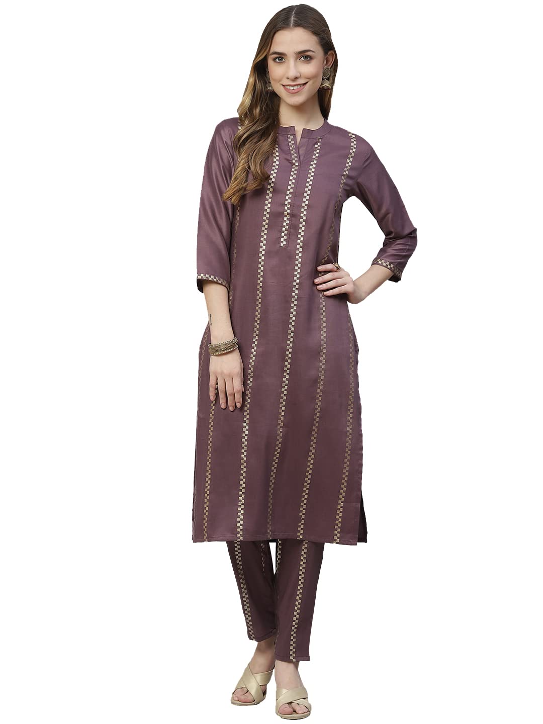 Ziyaa Art Silk Women'S Purple Color Chinon Straight Kurta And Pant Set (Zikuch3561Andpa- 3Xl)