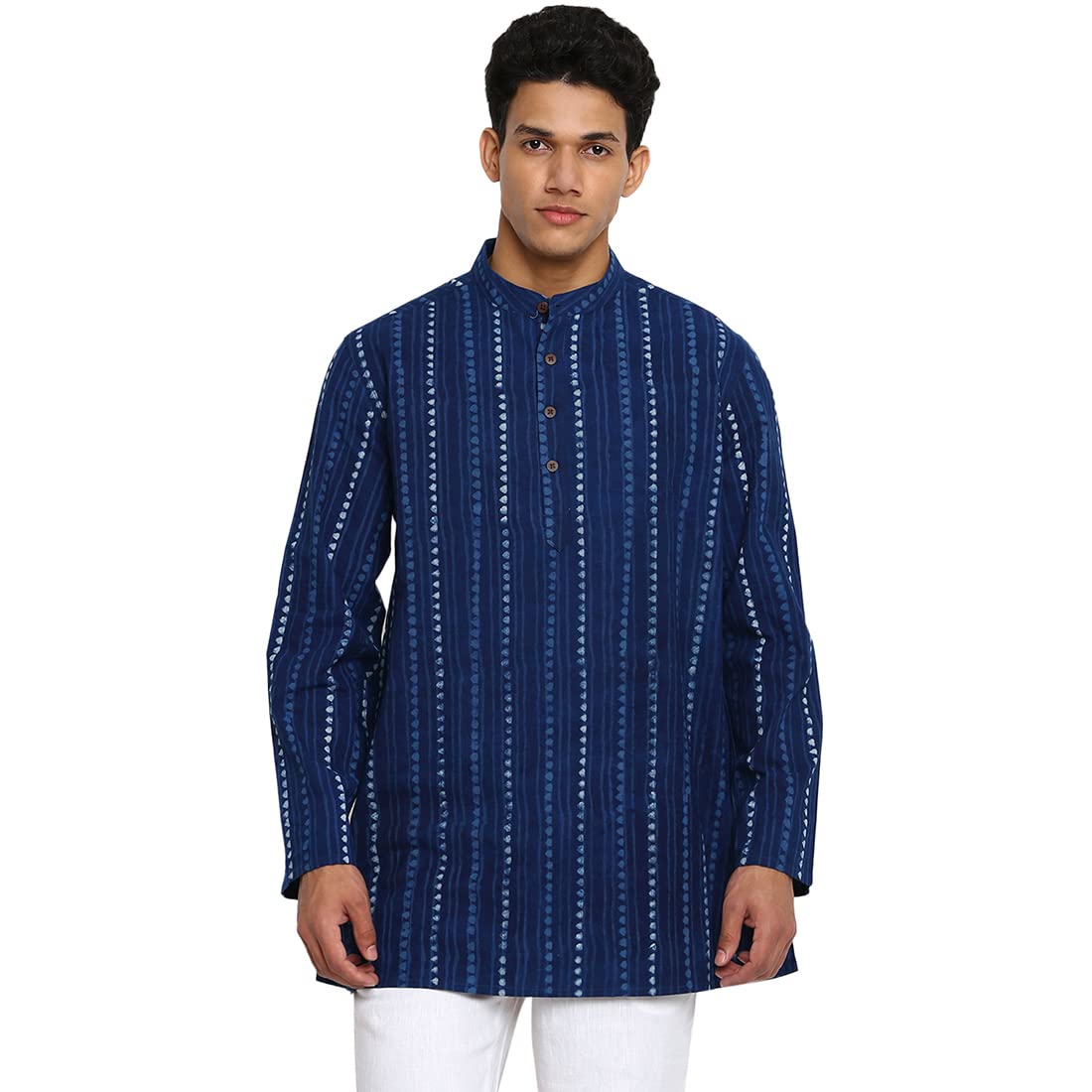 Fabindia Men Cotton Printed Short Kurta Navy_M
