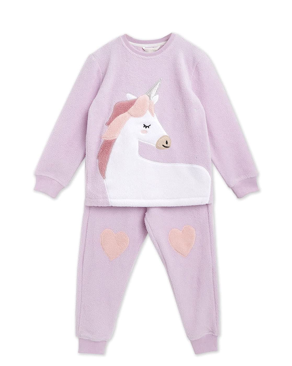 Cherry Crumble Light Lavender Applique Cotton Blend Full Sleeves Round Neck Night Wear Regular Fit Applique Winter Nightsuit for 13-14