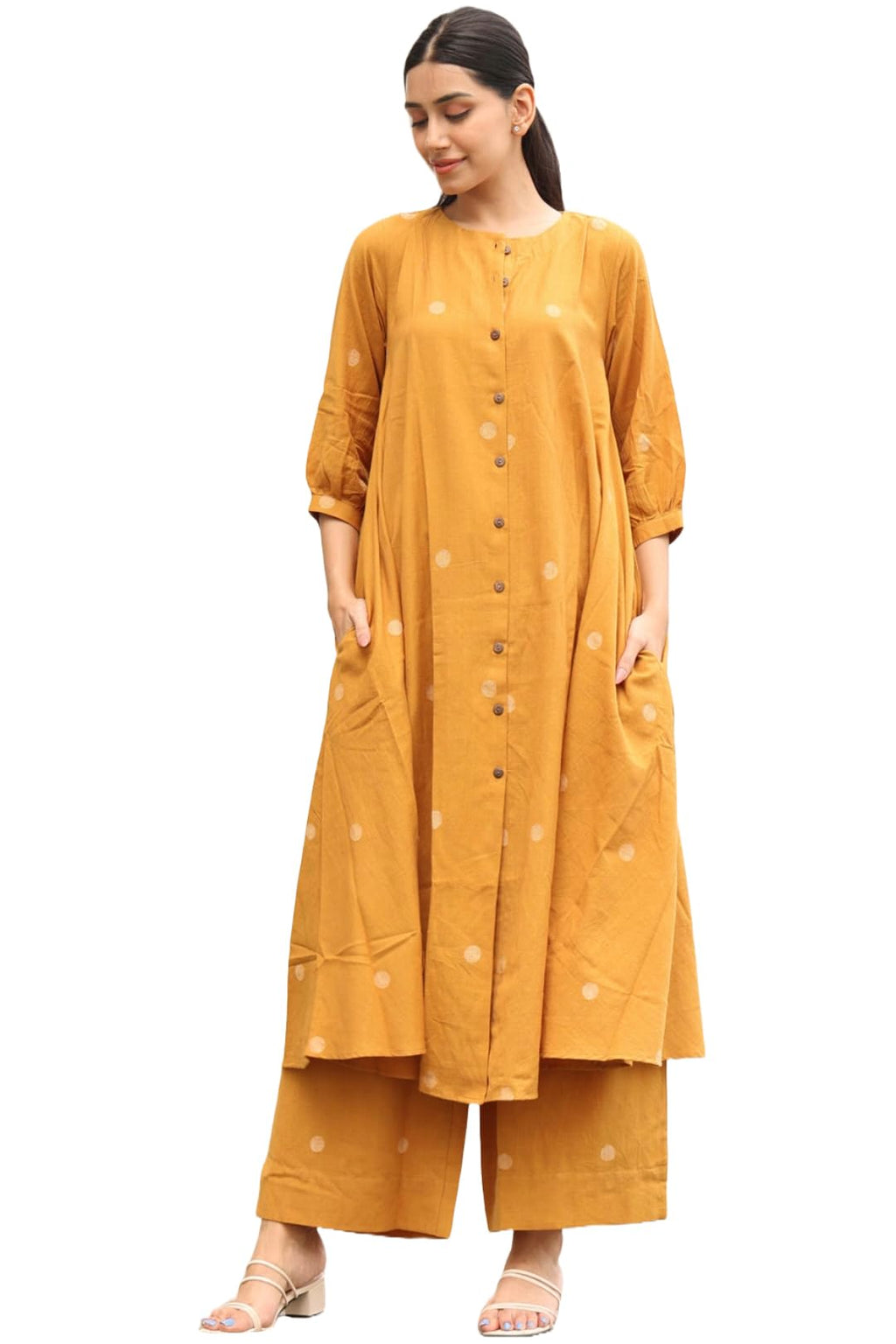 ANNI DESIGNER Womens Rayon Viscose A-Line Printed Kurta with Palazzo (Khergam Yellow_S_Mustard_Small)