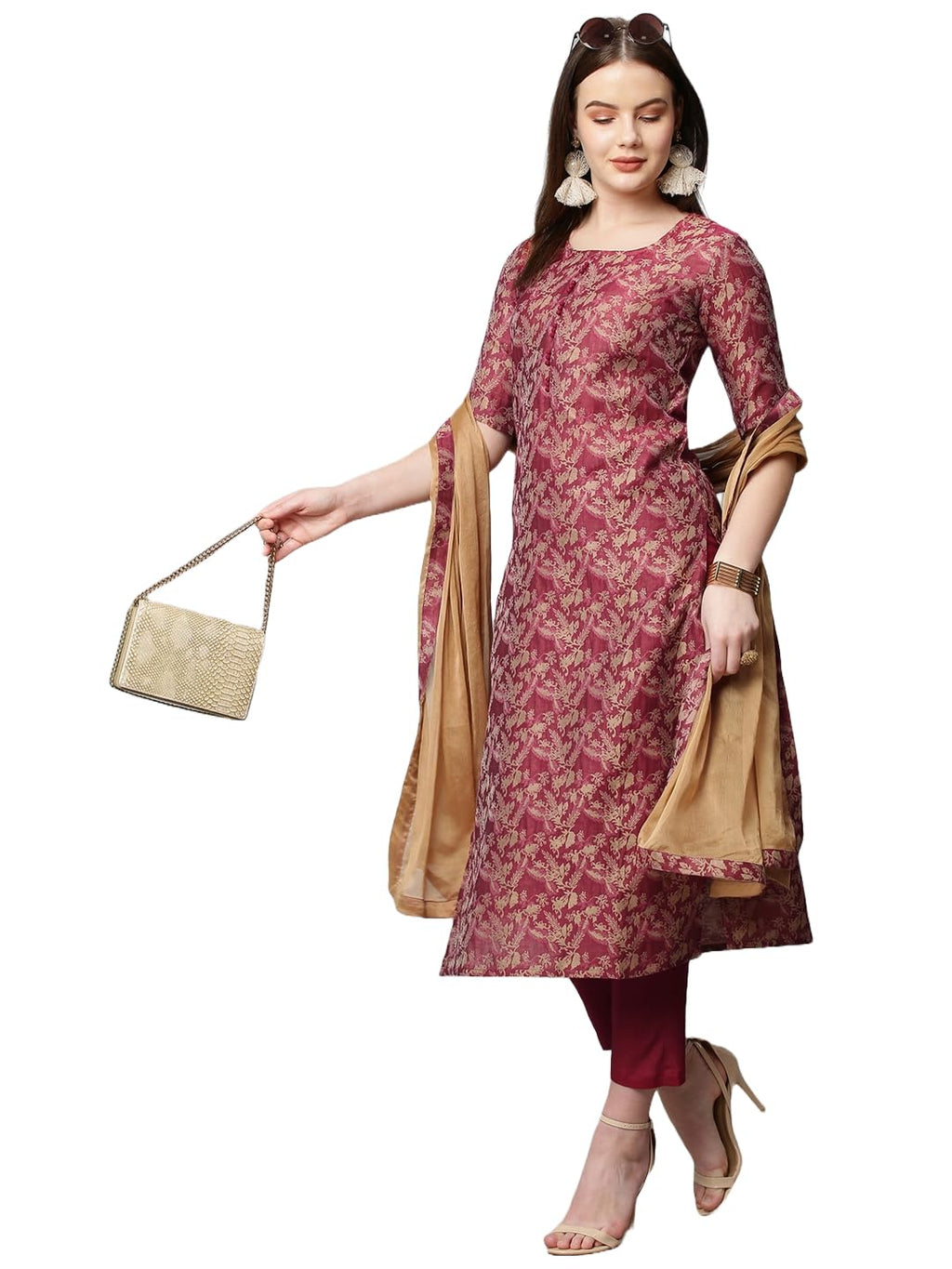 ANNI DESIGNER Womens Banarasi Silk Straight Printed Kurta with Pant & Dupatta (Banarasi RED-SM_3XL_Red_XXX-Large)