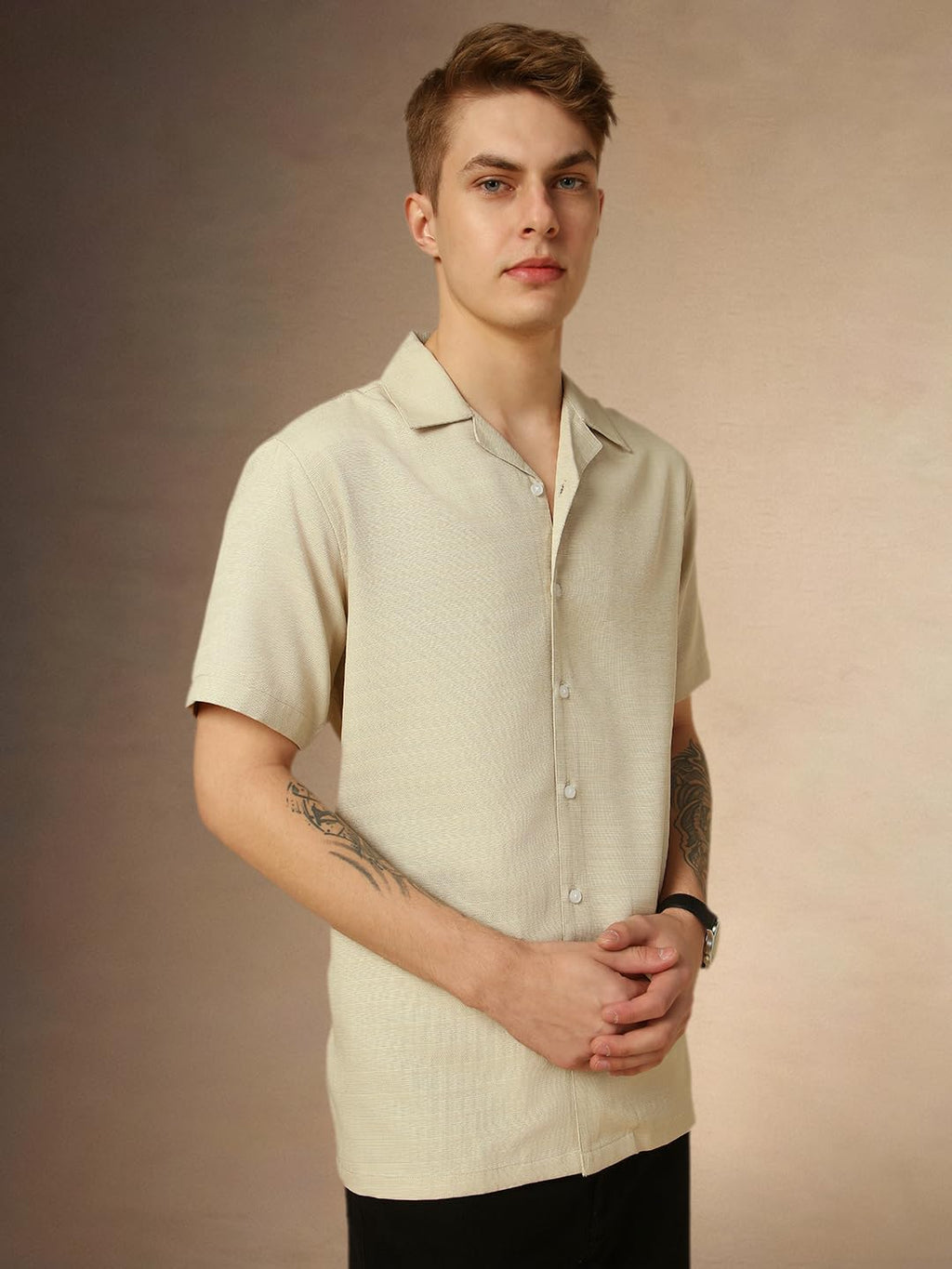Dennis Lingo MenS Beige Half Sleeve Cuban Collar Solid Textured Relaxed Fit Casual Shirt