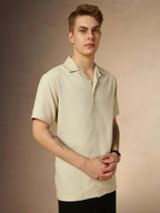 Dennis Lingo MenS Beige Half Sleeve Cuban Collar Solid Textured Relaxed Fit Casual Shirt