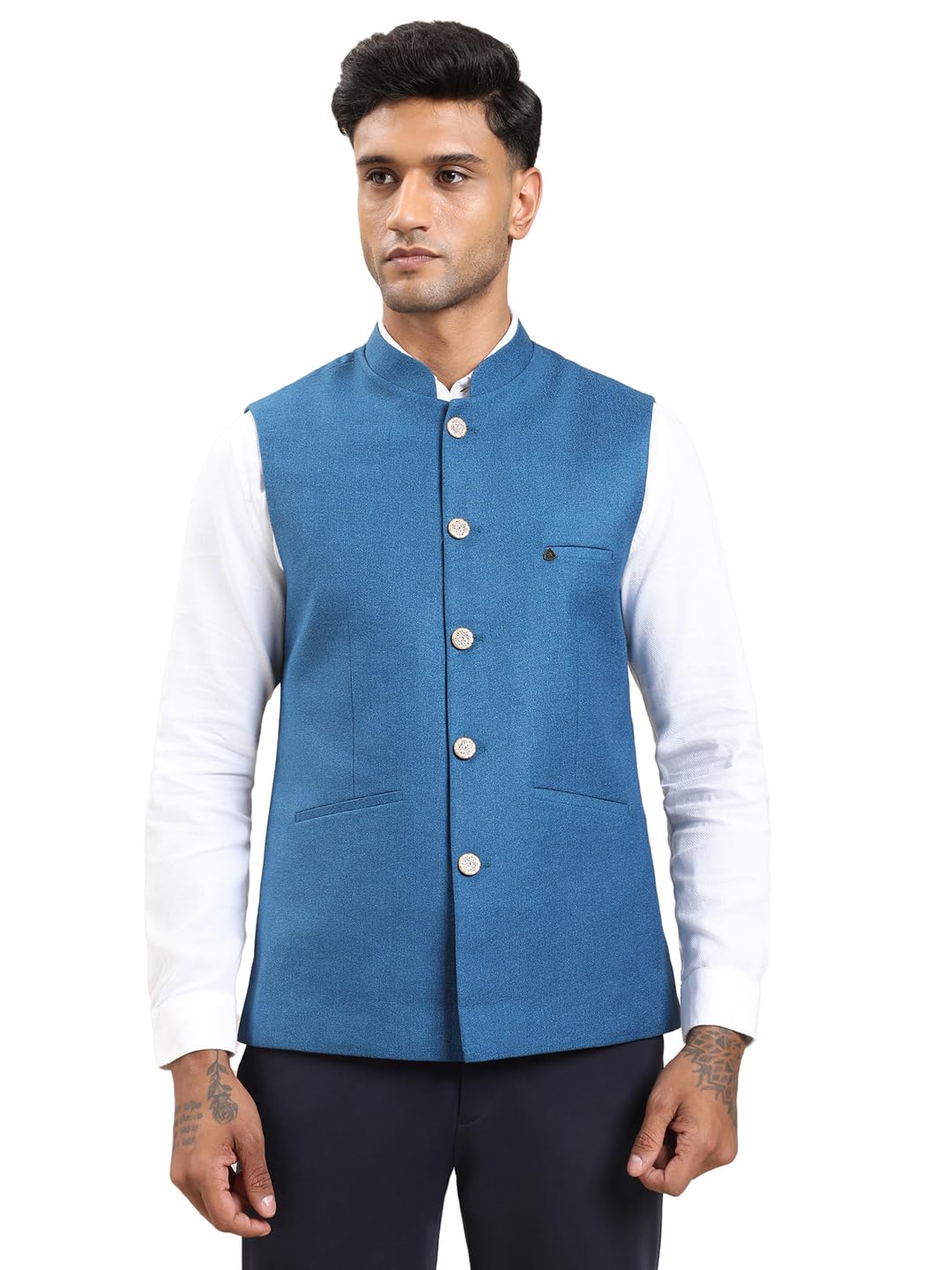 Turtle Men Pure Cotton Self Design Slim Fit Blue Nehru Jacket