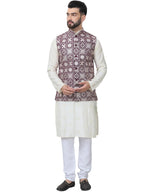 SOJANYA (Since 1958 Mens Cotton Silk Embroidered Cream Kurta and White Pyjama with Maroon Nehru Jacket