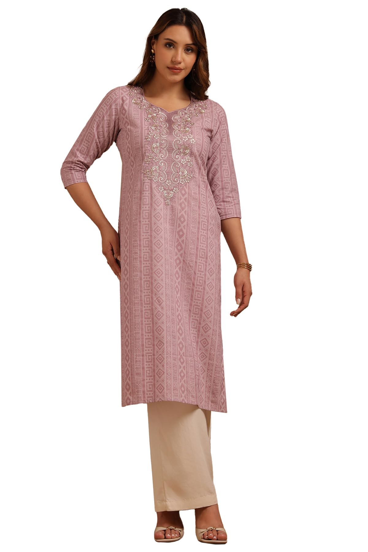 Soch Women Cotton Slub Geometric Print Kurta with Zari