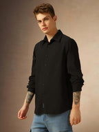 Dennis Lingo Men Black Solid Cotton Regular Fit Full Sleeve Shirts