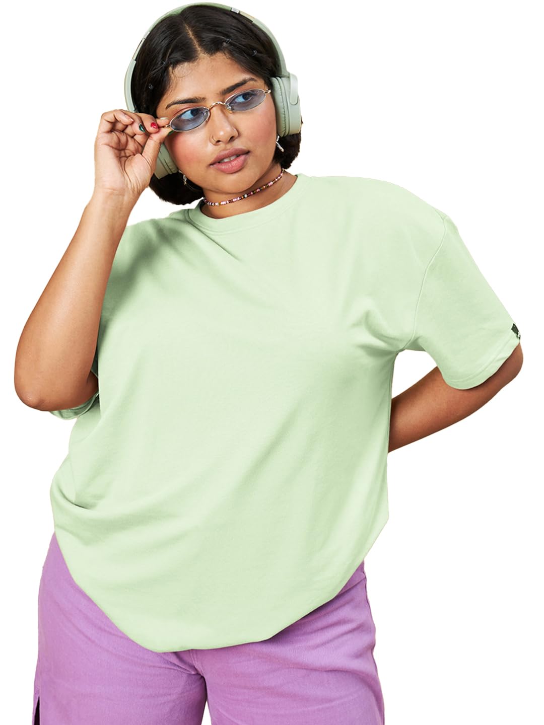 Bewakoof Womens Solid Oversized Fit Half Sleeve Round Neck Cotton Blend Plus Size T-Shirt_624936_Green_5XL