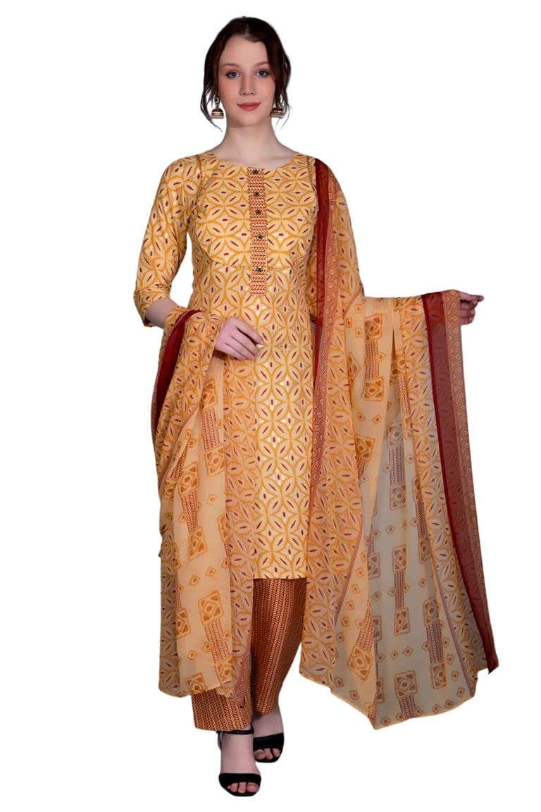 Dhruvi Trendz Women Cotton Blend Fancy Kurta Set Regular Fit Printed (Dt-K2694&P116&D71_Yellow_3Xl)