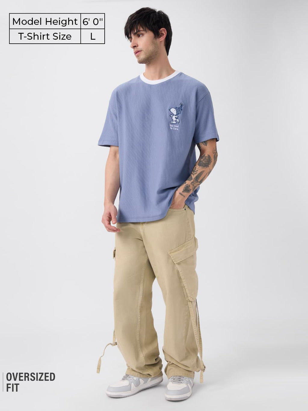 The Souled Store Peanuts: Too Cool to Care Men and Boys Short Sleeves Round Neck Blue Embroidered Cotton Oversized T-Shirts