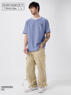 The Souled Store Peanuts: Too Cool to Care Men and Boys Short Sleeves Round Neck Blue Embroidered Cotton Oversized T-Shirts