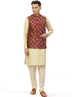 Jompers Mens Dupion Solid Kurta Pyjama Set With Printed Nehru Jacket