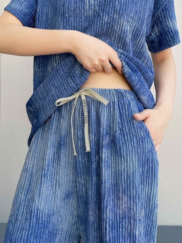 Womens Cotton Blend Tie-dye Relaxed Fit Stylish Pajama Sets || Short Sleeve Top & Long Pant Sleepwear Pjs Lounge Set Co-ords Ou