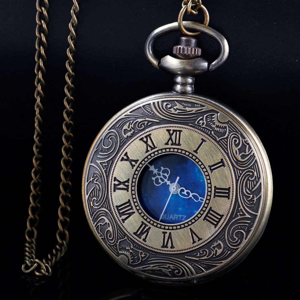 Tiong Vintage Blue Starry Night Moon Dial Roman Numerals Scale Pocket Watch with Chain Gifts for Birthday Graduation Christmas F