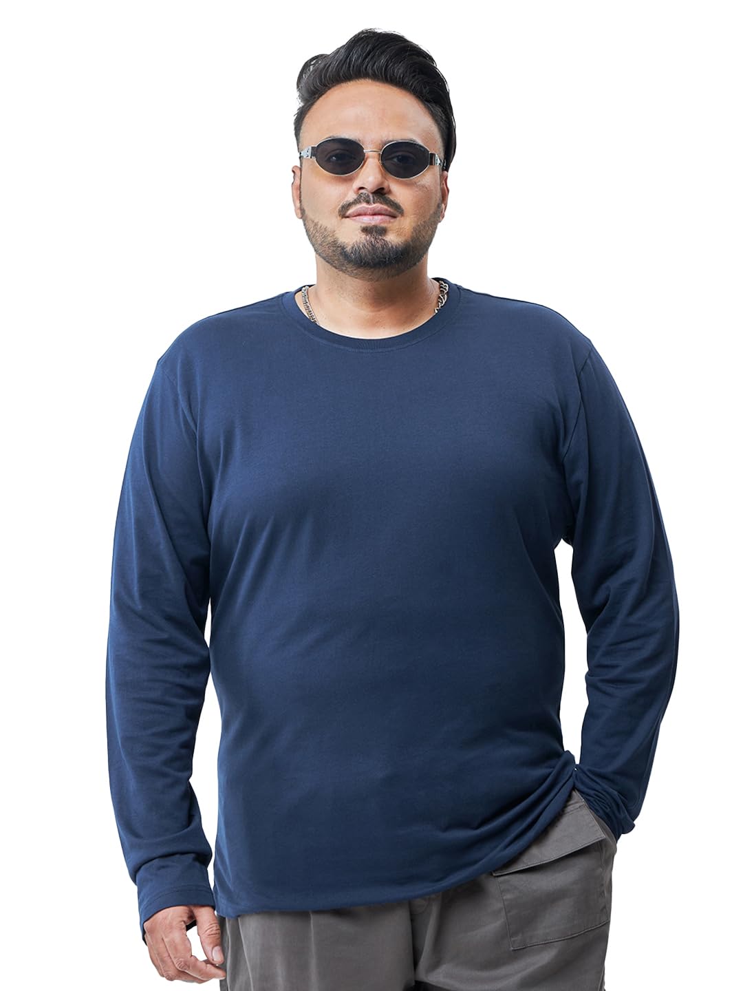 Bewakoof Mens Solid Regular Fit Full Sleeve Round Neck Cotton Jersey Plus Size T-Shirt_596708_Blue_4XL