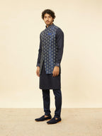 Manyavar Mens Blue Art Silk Self Design Kurta Pyjama Jacket Set