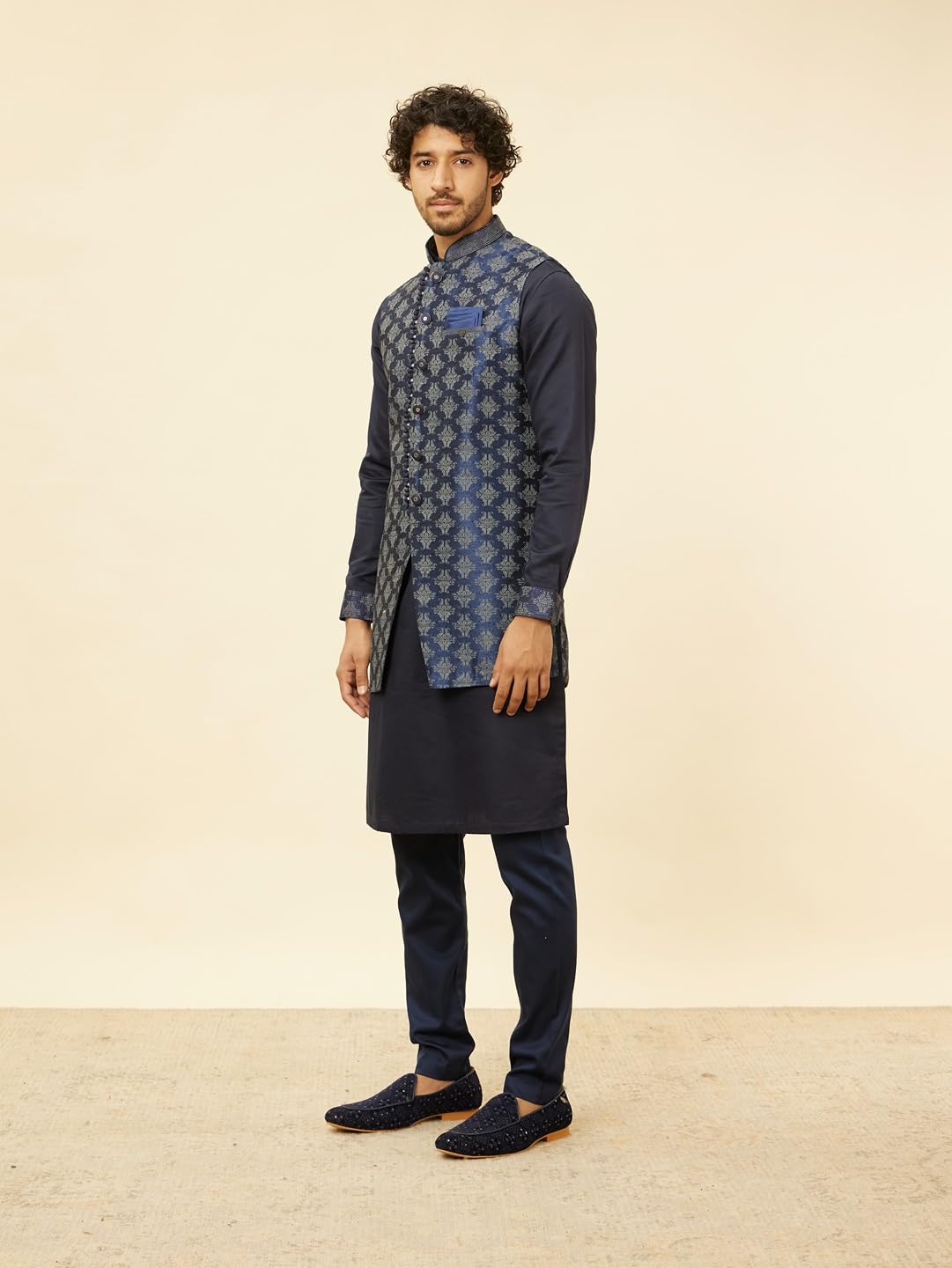 Manyavar Mens Blue Art Silk Self Design Kurta Pyjama Jacket Set