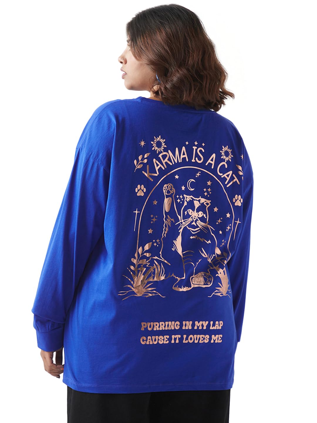 Bewakoof Womens Graphic Print Oversized Fit Full Sleeve Round Neck Cotton Jersey Plus Size T-Shirt_629400_Blue_3XL