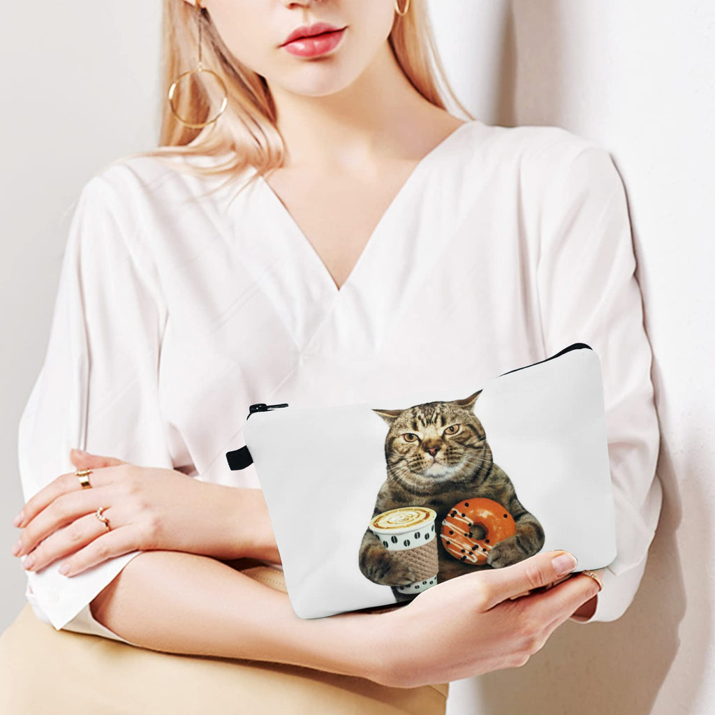 Cosmetic Bags for Women Small Funny Cat Holding Donut and Coffee Makeup Bag for Purse Travel Toiletry Bag Accessories Organizer