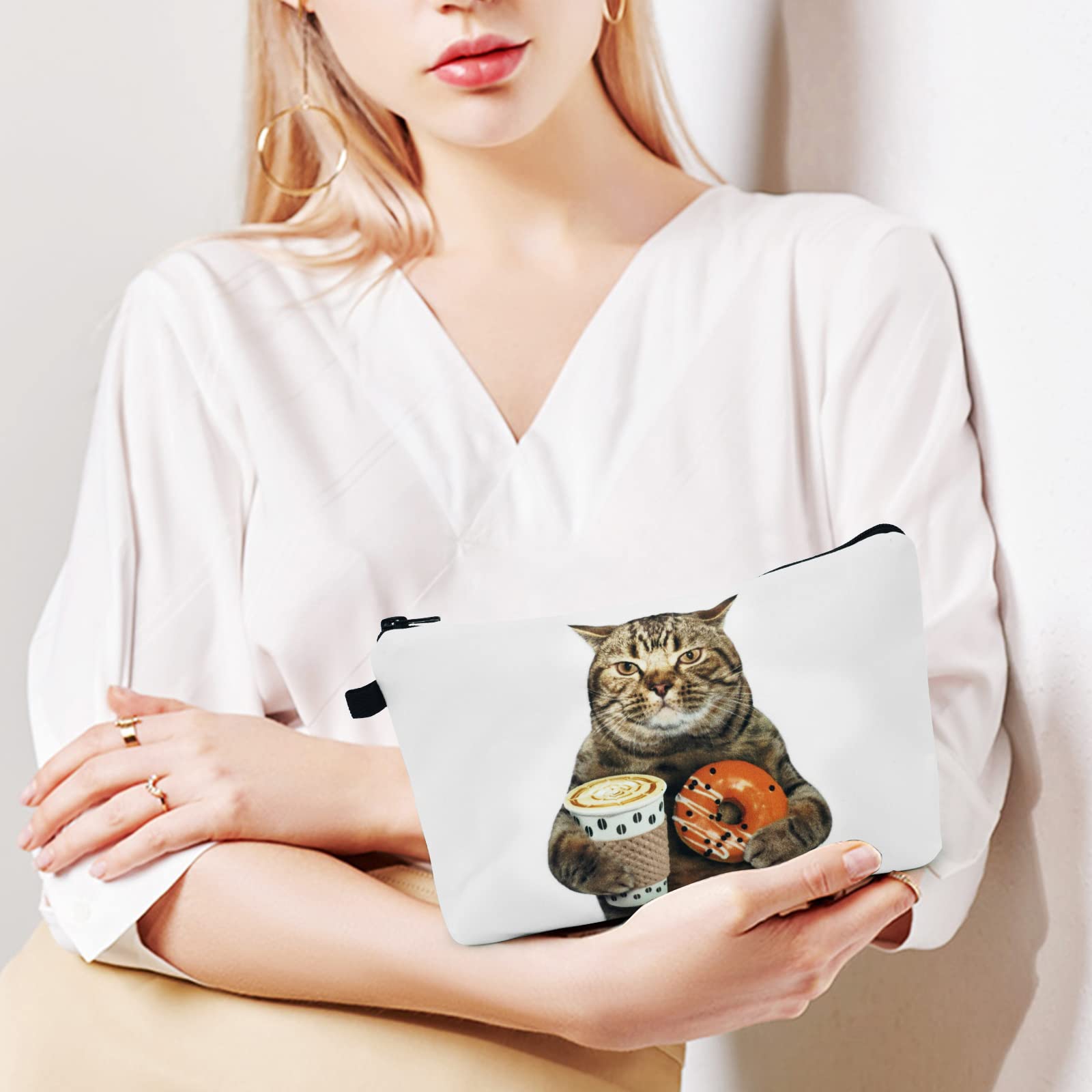 Cosmetic Bags for Women Small Funny Cat Holding Donut and Coffee Makeup Bag for Purse Travel Toiletry Bag Accessories Organizer