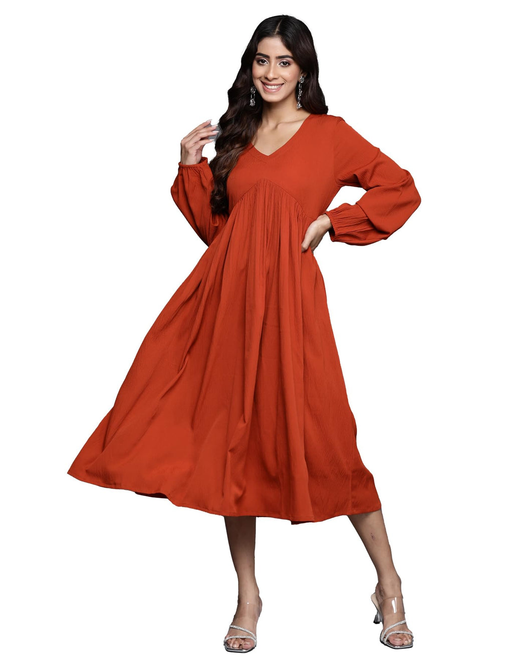 Varanga Women Rust V-Neck A-Line Dress With Bishop Sleeves, Flared Hem - Stylish Casual Dress For Women, Comfortable Fashion, Ca