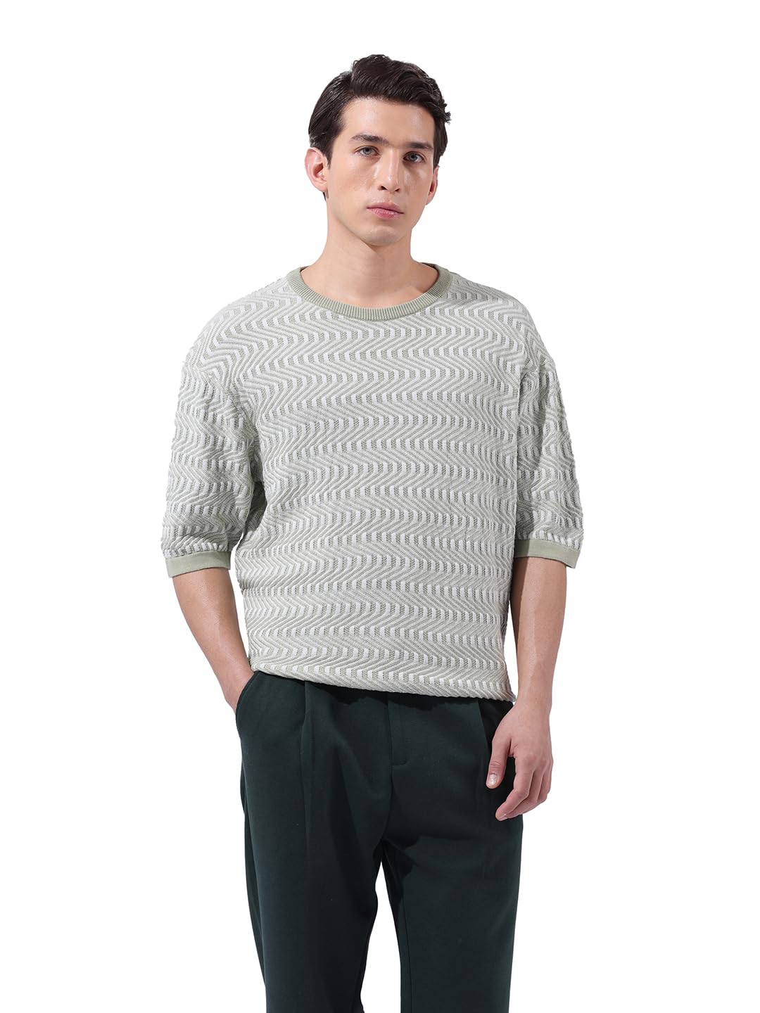 The Indian Garage Co Mens Oversized Textured Flatknit Half Sleeves Crew Neck Sweater