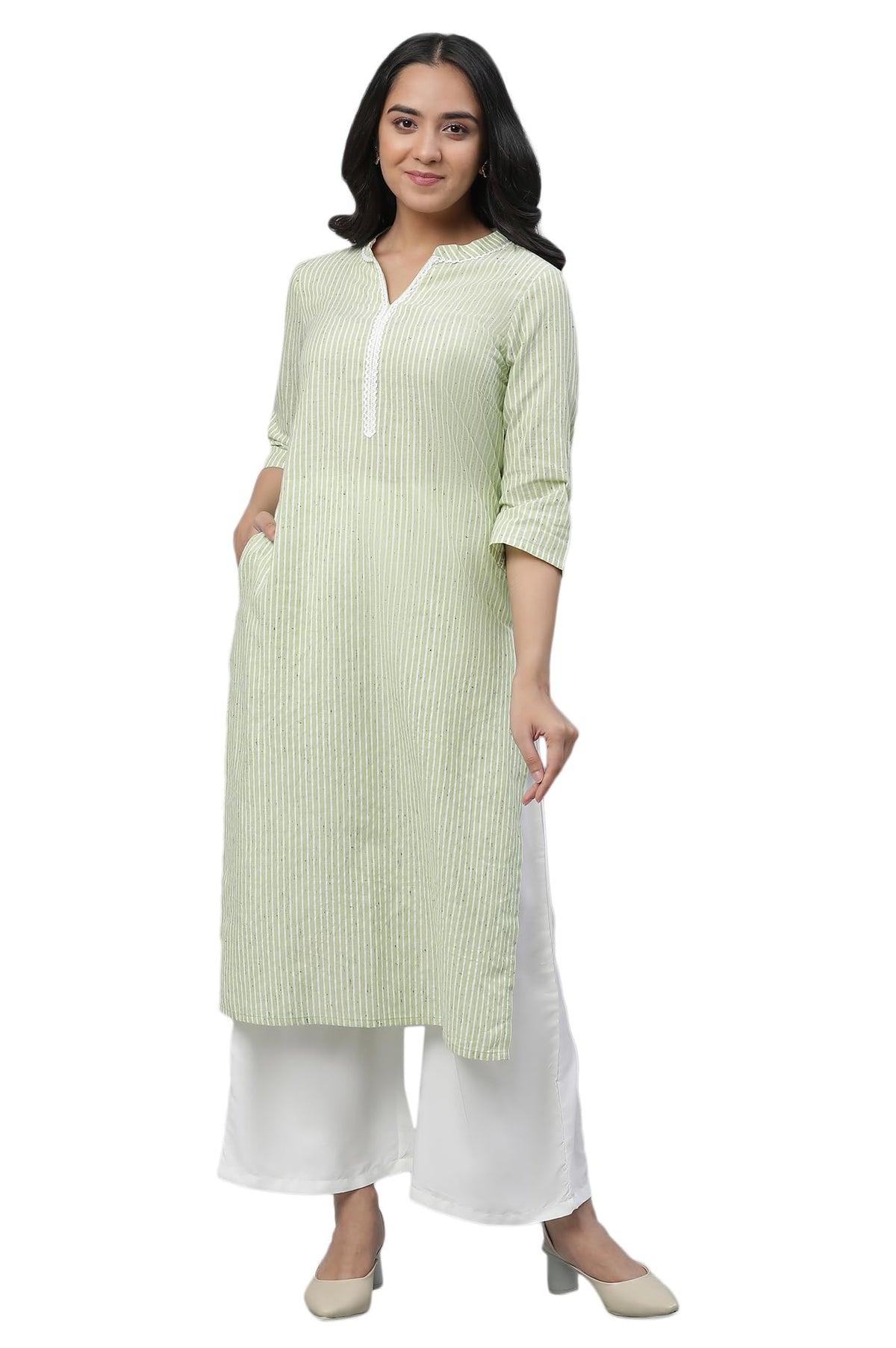 Aurelia Womens Green Stripes Yarn Dyed NEP Stripe Straight Kurta_23AUA14447-704177_XS