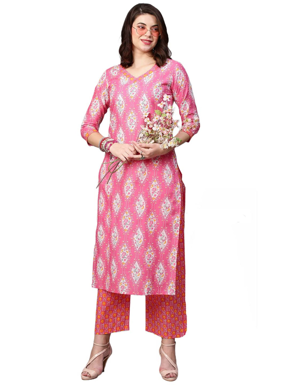 ANNI DESIGNER Womens Cotton Blend Traditional Straight Printed Kurta and Pant Set (Natak Pink_M_Pink_Medium)