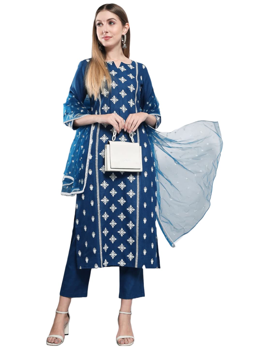 ANNI DESIGNER Ladies Cotton Blend Embroidered Straight Kurta with Trousers and Dupatta (KURUPAM), dark blue, XXL
