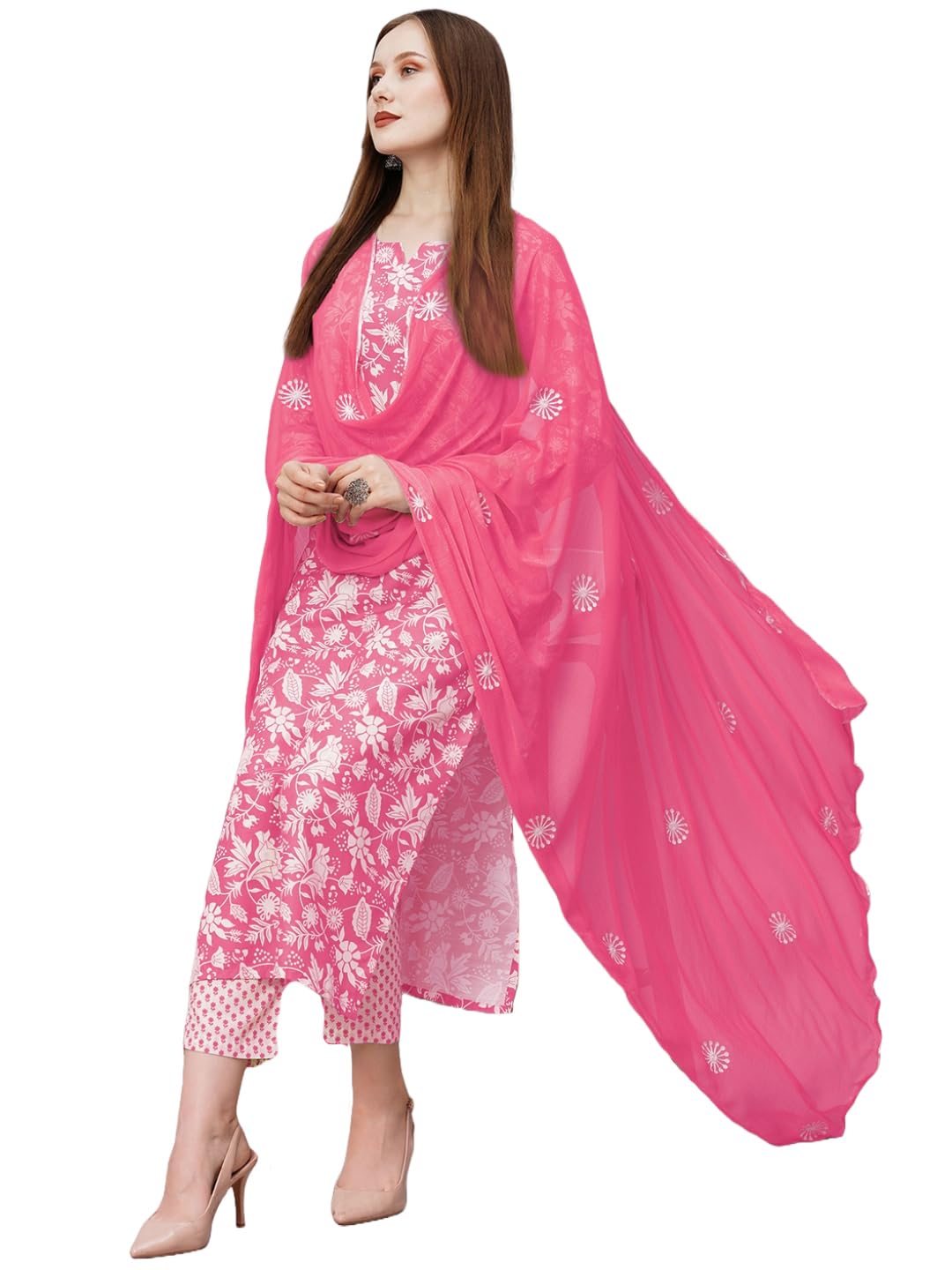 ANNI DESIGNER Womens Cotton Blend Straight Printed Kurta with Pant & Dupatta (MEI Pink_XXL_Pink_XX-Large)