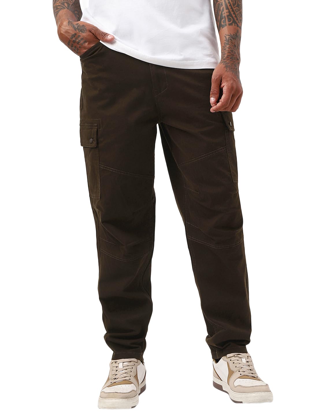Bewakoof Mens Solid Tapered Fit Twill Cargo Pant_648622_Brown_34