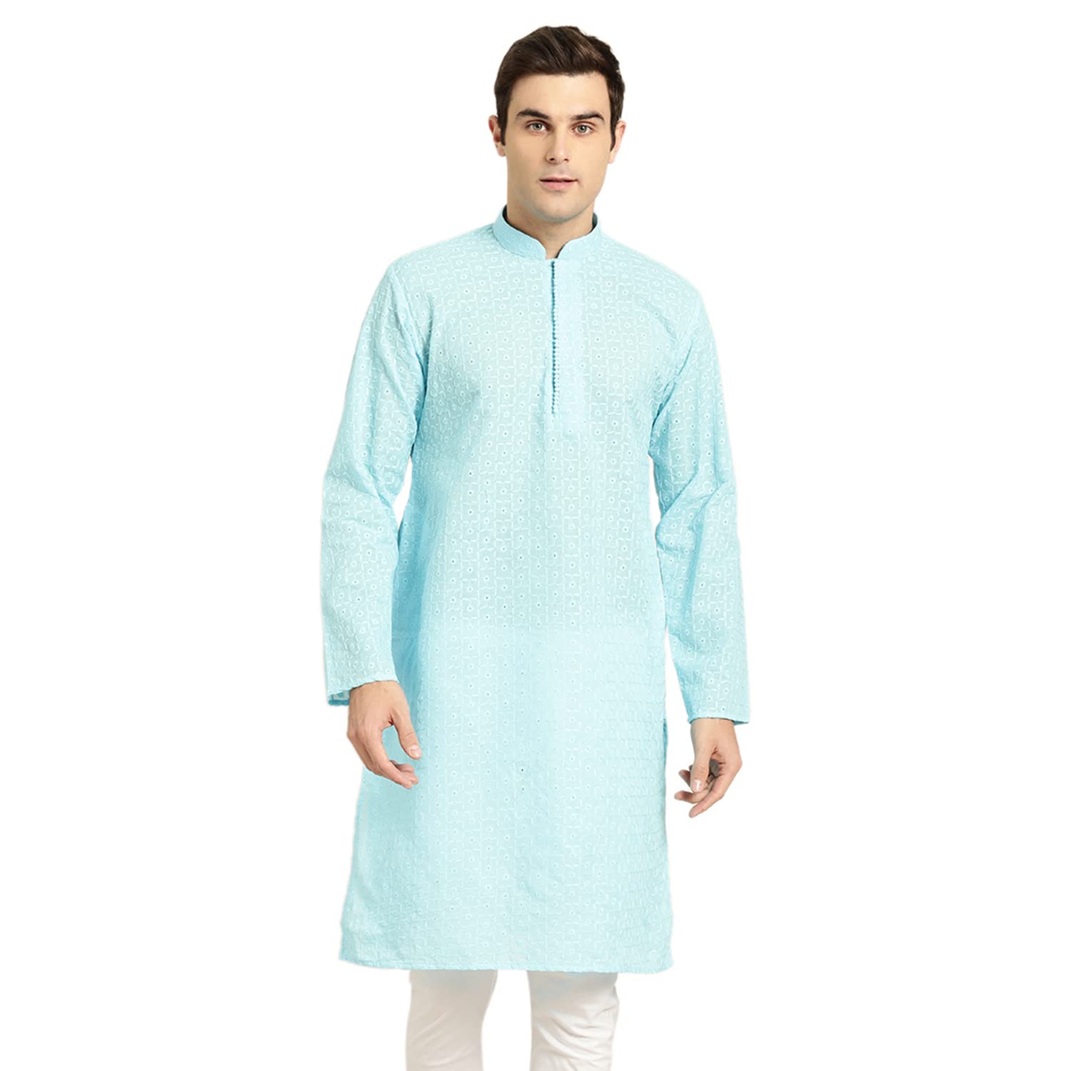 Sojanya (Since 1958, MenS Pure Cotton Sky Blue Embroidered Only Kurta, Size: 44