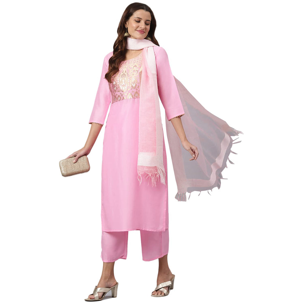 ANNI DESIGNER Womens Cotton Blend Straight Solid Kurta with Palazzo & Dupatta (Charu sty Pink_XXL_XX-Large_Pink)