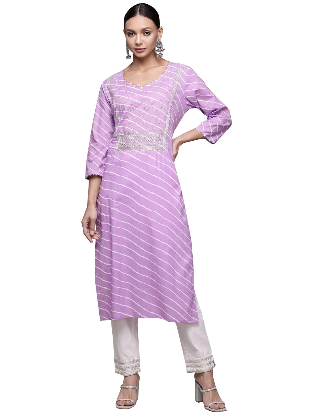 Ishin Women'S Cotton Blend A-Line Embroidered Sequinned Leheriya Print Purple Kurta Suit Set With Trouser Inwkt0302_Pl_Xxl_Purpl