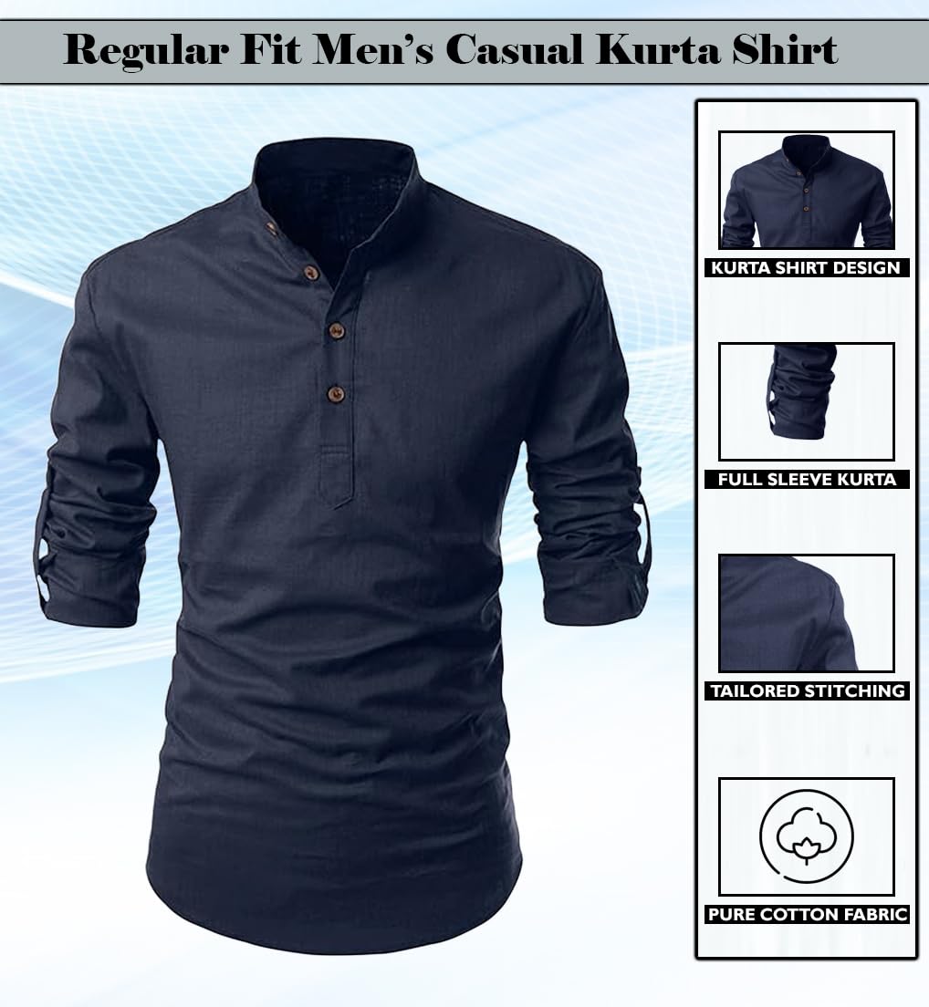 Finivo Fashion MenS Cotton Blend Solid Full Sleeve Short Kurta Shirt Navy Blue