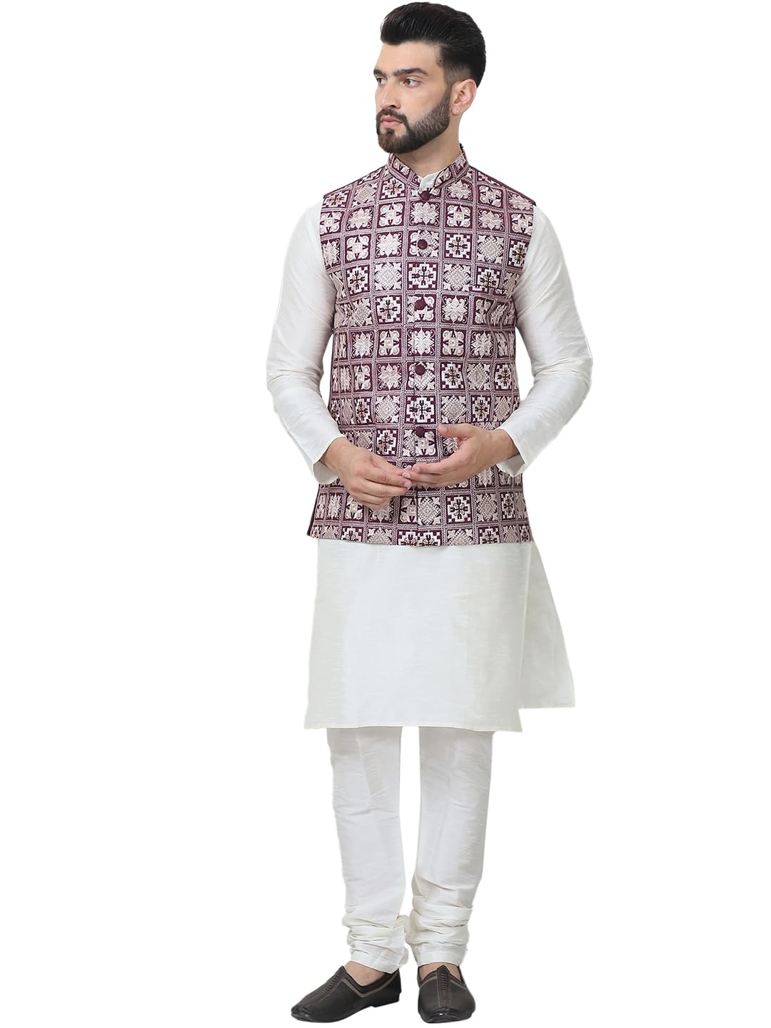 SOJANYA (Since 1958 Mens Silk Blend Solid Cream Kurta Pyjama with Embroidered Maroon Nehru Jacket
