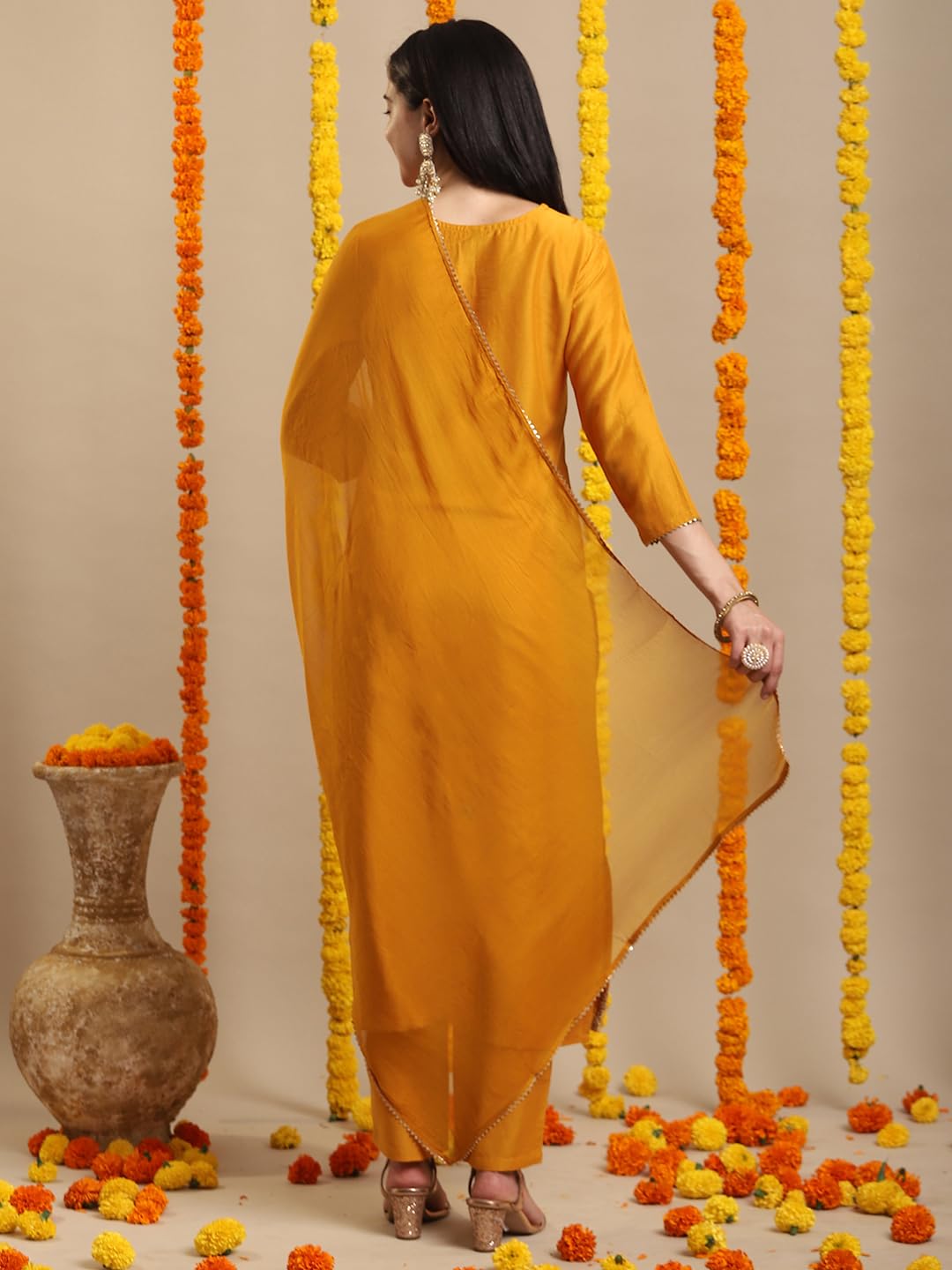 ANNI DESIGNER Womens Rayon Blend Straight Embroidered Kurta with Pant & Dupatta (LIKHA Yellow_XXL_Yellow_XX-Large)