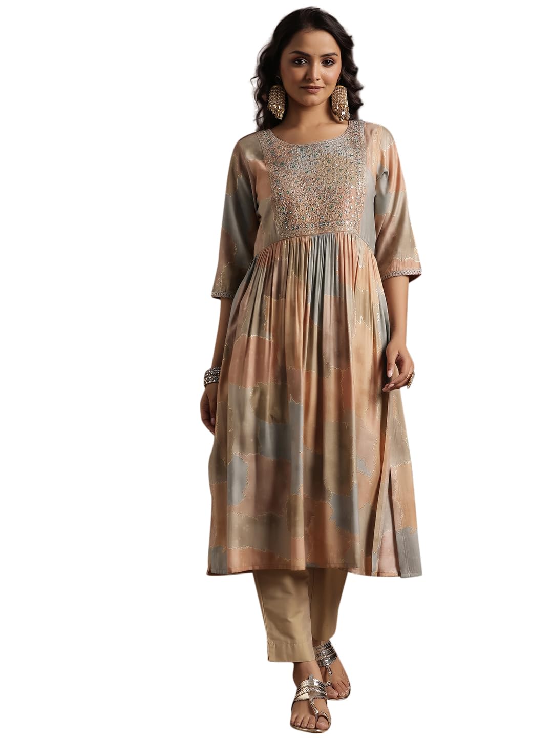Libas WomenS Silk A-Line Kurta (29226_Beige