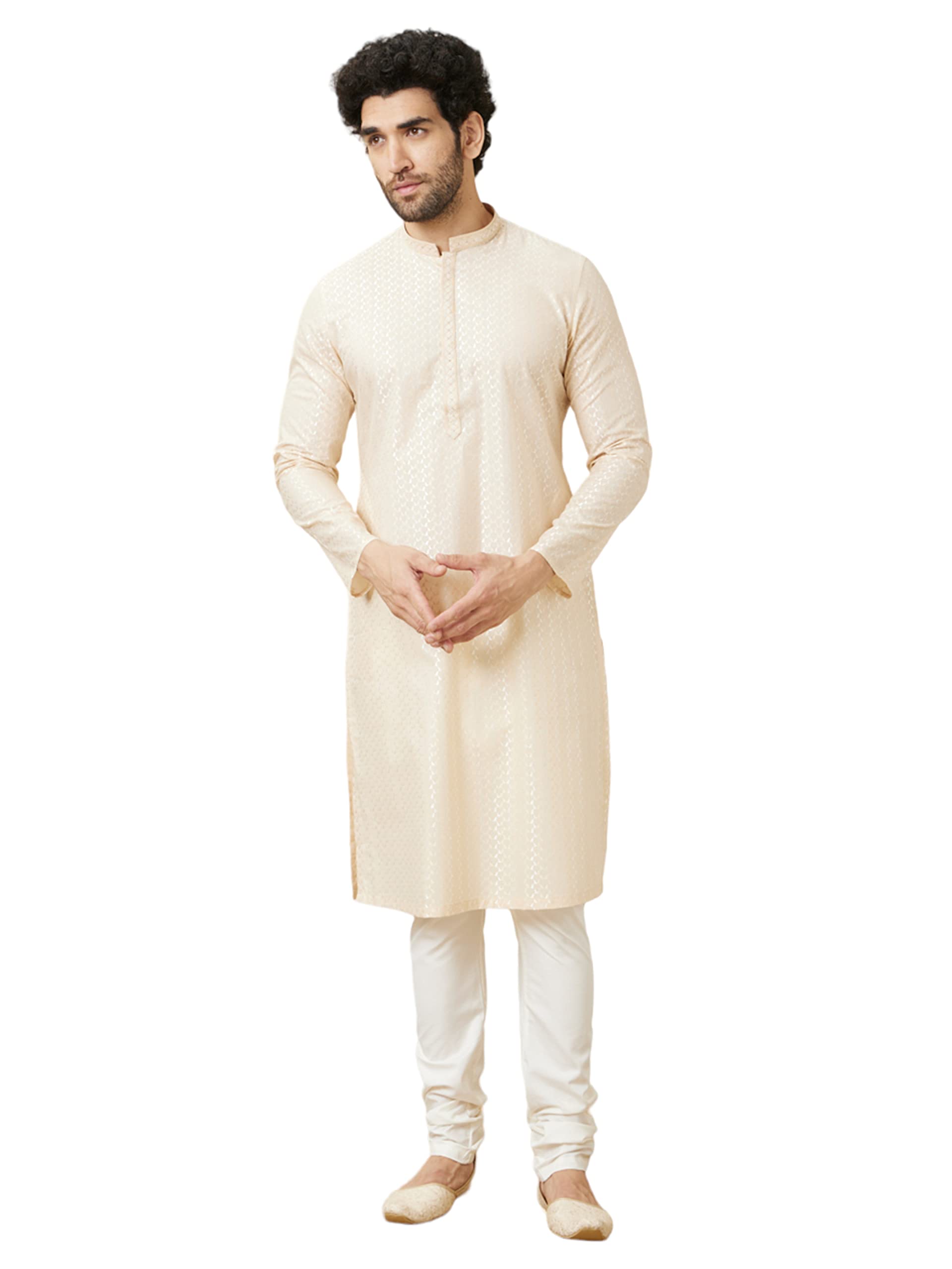 Manyavar MenS Cotton Self Design Full Sleeves Knee Length Kurta Set (Beige, L)