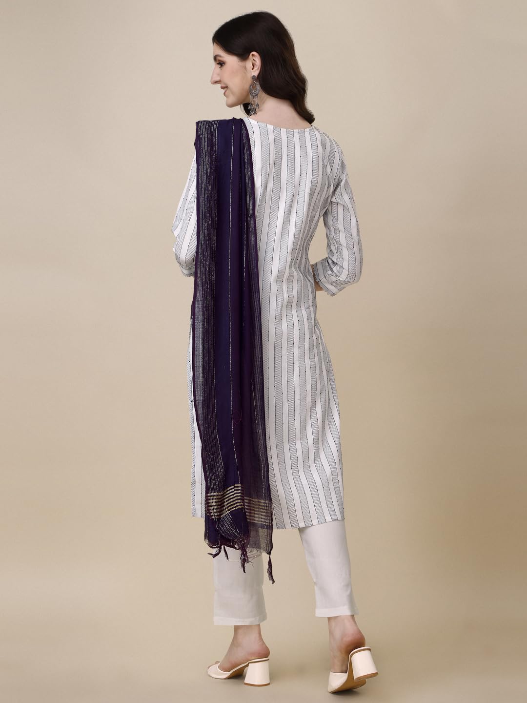 Fashion Basket Women Cotton Printed Kurta And Pant Set With Dupatta (Large, White)