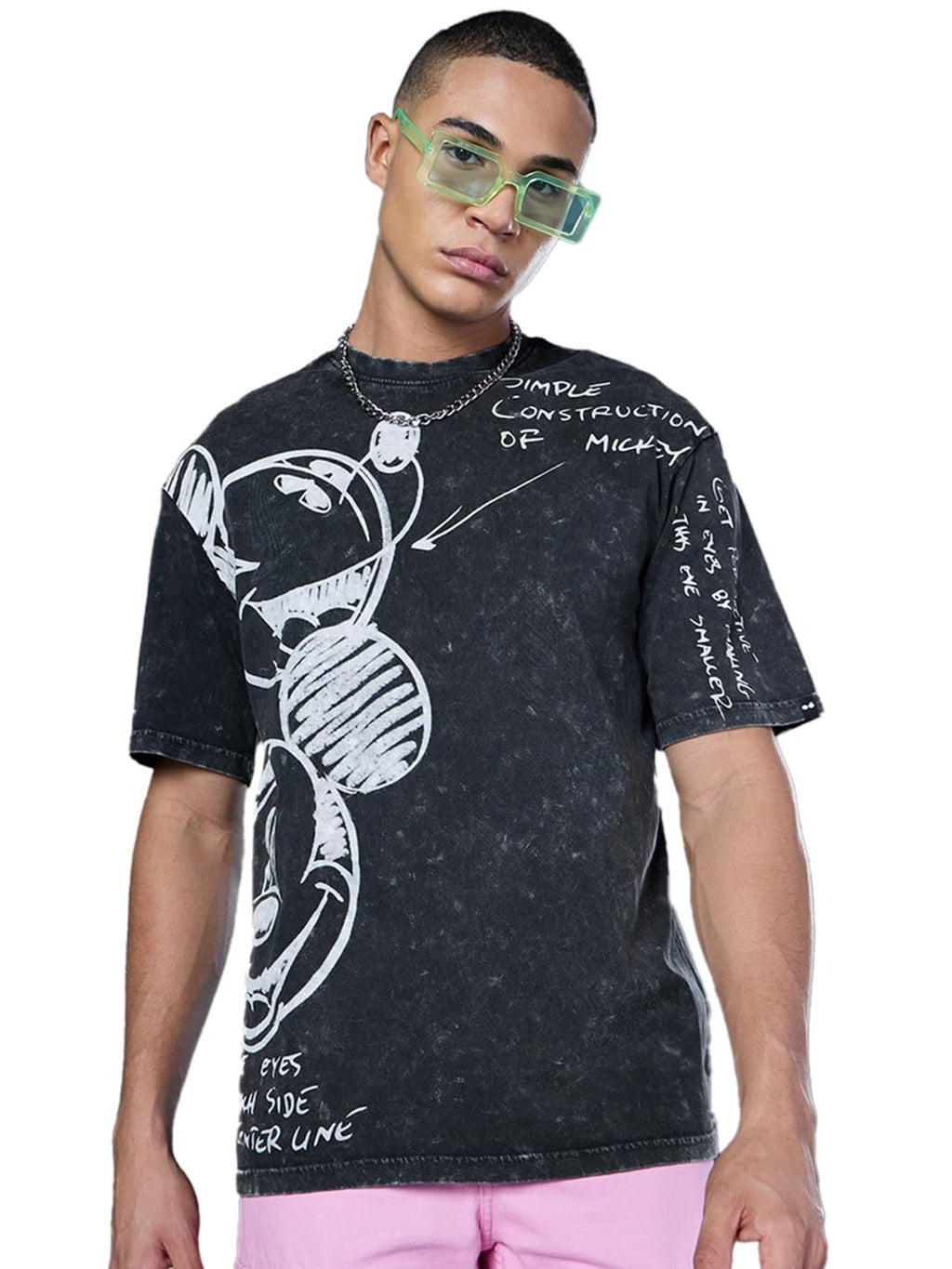 Bewakoof Official Disney Merchandise Mickey Mens Graphic Printed Oversized Fit Half Sleeve Round Neck Cotton Acid Wash T-Shirt_