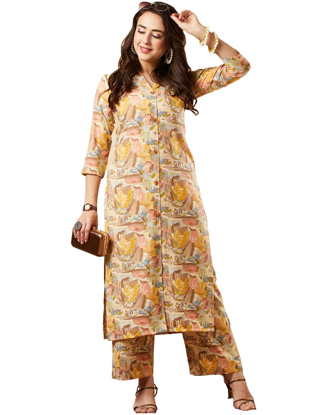 ANNI DESIGNER Ladies Cotton Blend Kurta with Trousers, yellow, S