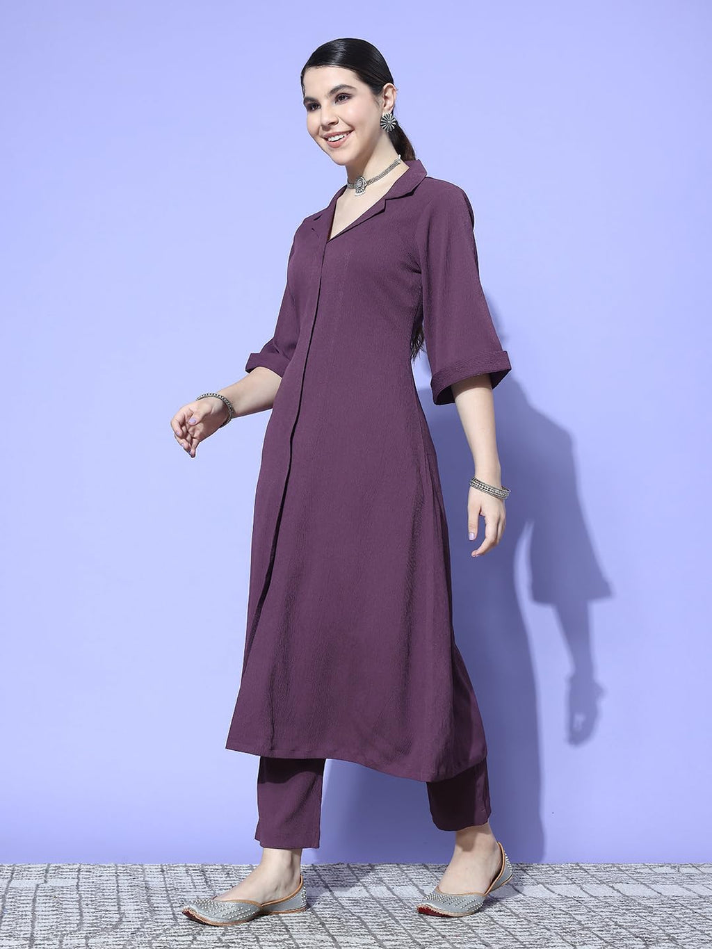 Varanga Women Mauve Shirt Collar Neck A-Line Kurta With Three-Quarter Roll-Up Sleeves, Front Slit, Paired With Tonal Bottom