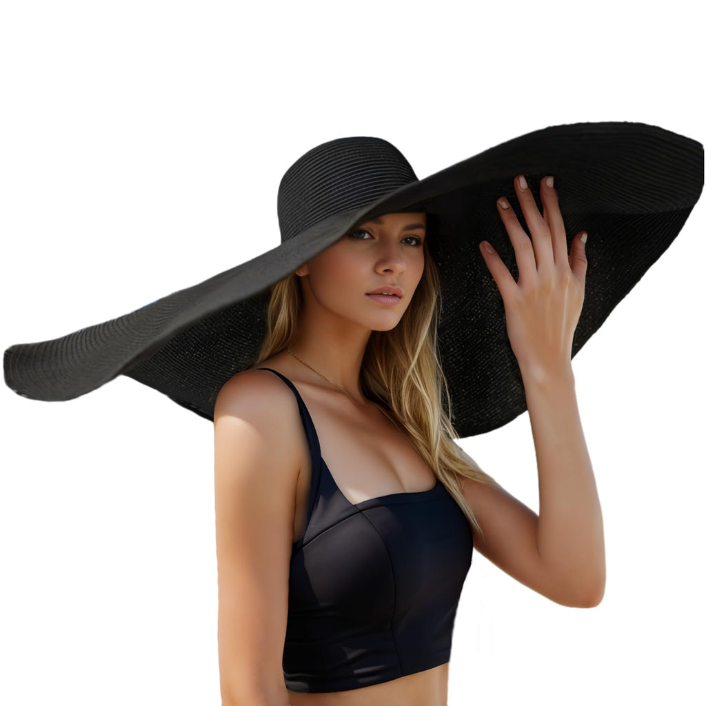 80CM Oversized Beach Straw Hats for Women Floppy, Extra Large Sun Visor Hat Wide Brim Summer Packable Huge Roll Up Big Beach Hat