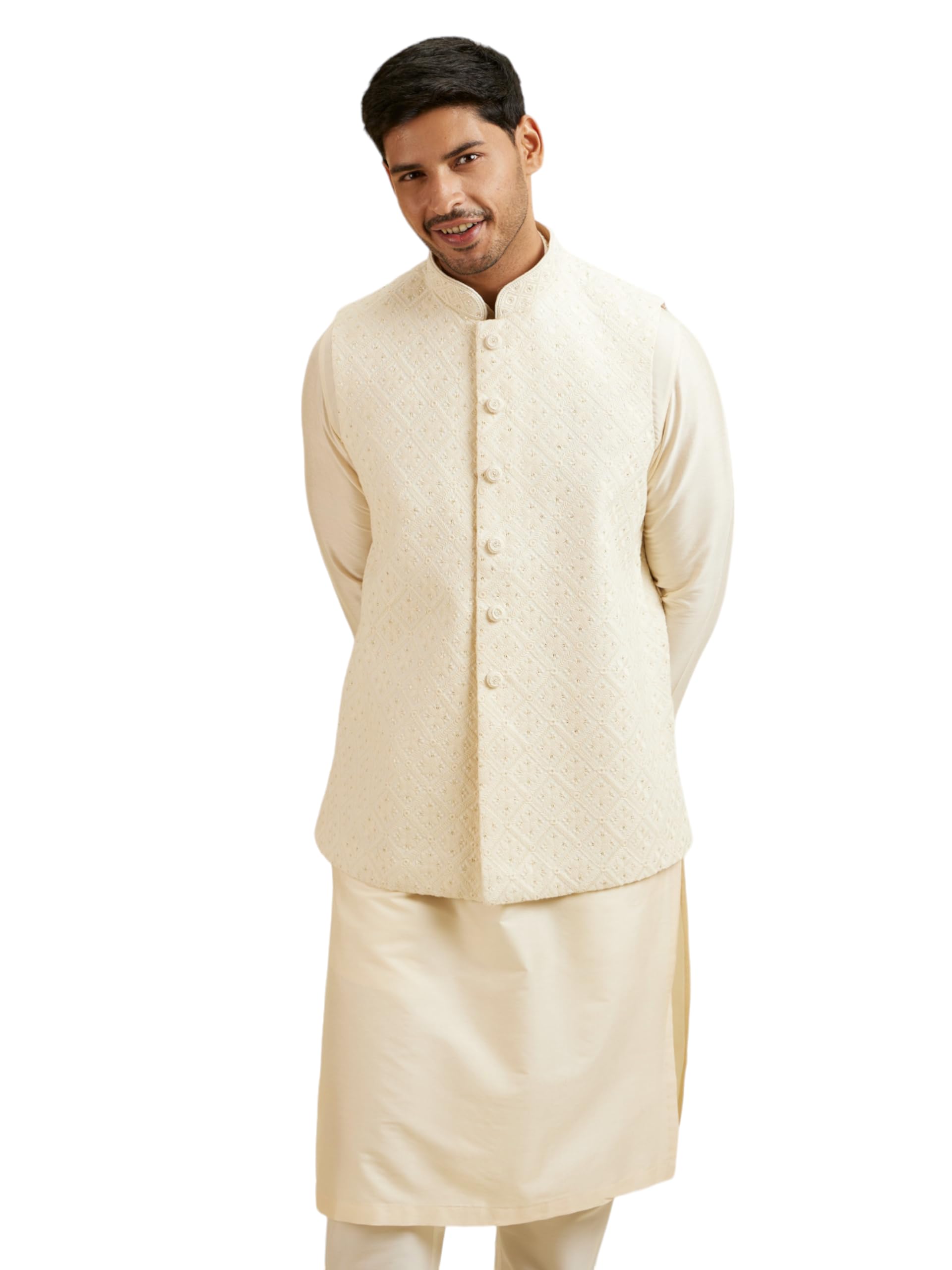Manyavar Mens Jacket, Nehru Jacket For Men, Ethnic Jacket For Wedding, Party, Sleevless Jacket All Over Self Design Georgette (C