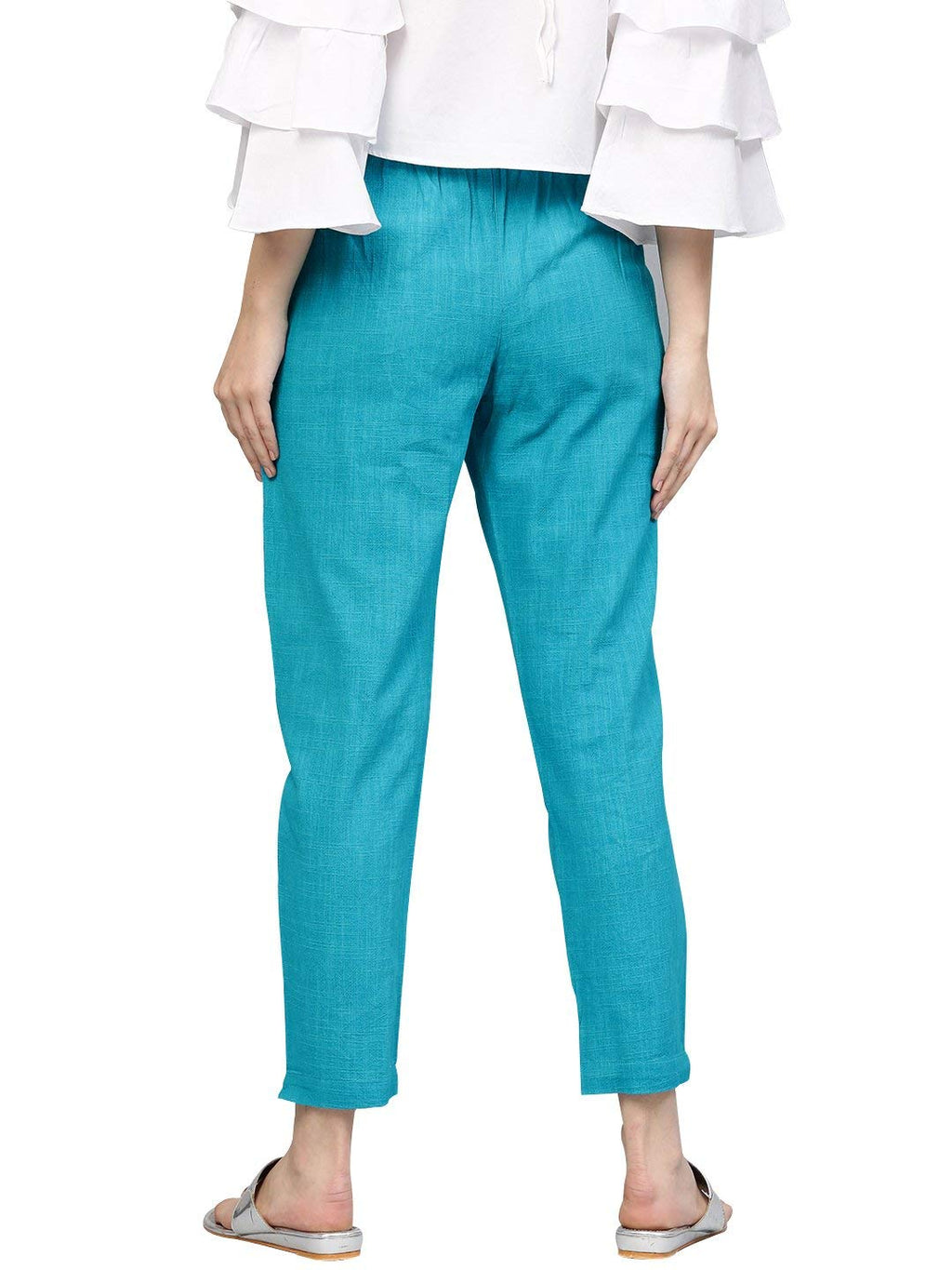 Digital Shopee Women Regular Fit Elastic Waist Full Length Cotton Formal Trouser For Casual Wear, Office Wear Turquoise