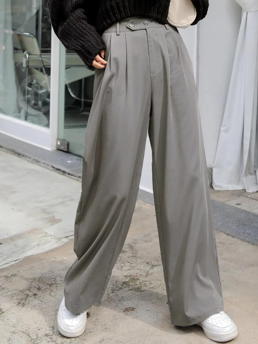 Kotty Womens Cotton Blend Straight Fit Solid Trousers Dark Grey